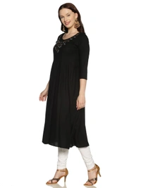 Rayon Neck Flower Design Rhinestone Work Black Colour Umbrella Cut Kurti - Black, XXL