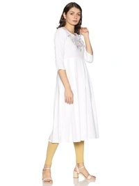 Rayon Neck Flower Design Rhinestone Work White Colour Umbrella Cut Kurti - White, M