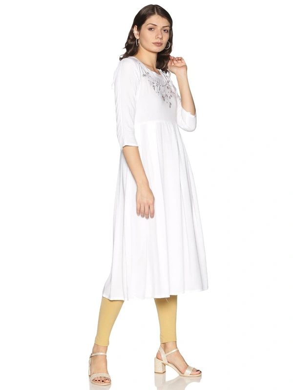 Rayon Neck Flower Design Rhinestone Work White Colour Umbrella Cut Kurti - White, M