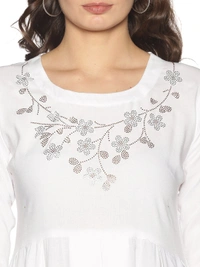 Rayon Neck Flower Design Rhinestone Work White Colour Umbrella Cut Kurti - White, XL