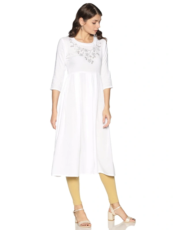 Rayon Neck Flower Design Rhinestone Work White Colour Umbrella Cut Kurti - White, XXL