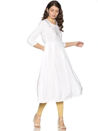 Rayon Neck Flower Design Rhinestone Work White Colour Umbrella Cut Kurti - White, XXL