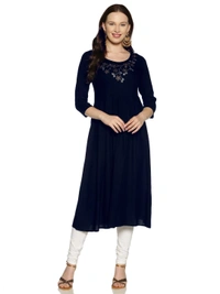 Rayon Neck Flower Design Rhinestone Work Blue Colour Umbrella Cut Kurti - Gulf Blue, XXL