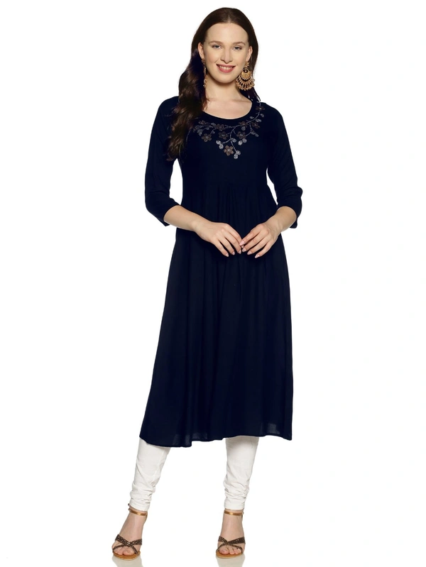 Rayon Neck Flower Design Rhinestone Work Blue Colour Umbrella Cut Kurti - Gulf Blue, XXL