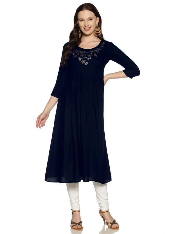 Rayon Neck Flower Design Rhinestone Work Blue Colour Umbrella Cut Kurti - Gulf Blue, XXL