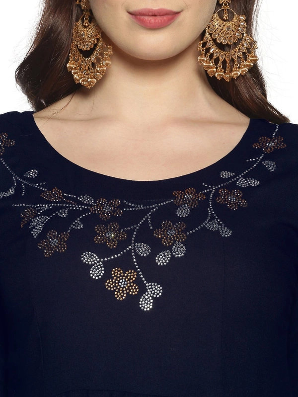 Rayon Neck Flower Design Rhinestone Work Blue Colour Umbrella Cut Kurti - Gulf Blue, XXL