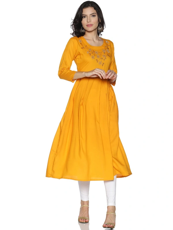 Rayon Neck Flower Design Rhinestone Work Yellow Colour Umbrella Cut Kurti - Sunglow, S