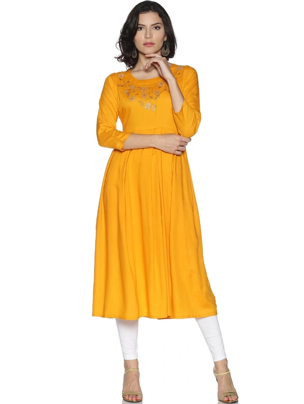 Rayon Neck Flower Design Rhinestone Work Yellow Colour Umbrella Cut Kurti - Sunglow, S