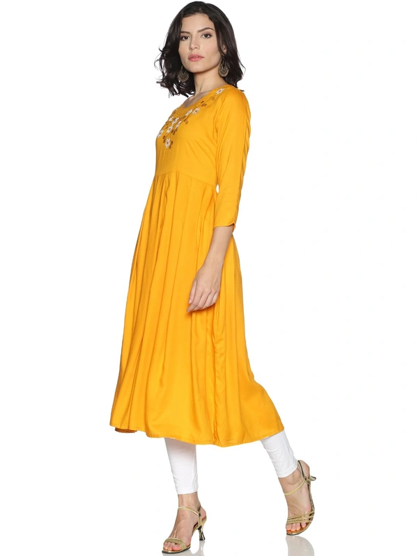 Rayon Neck Flower Design Rhinestone Work Yellow Colour Umbrella Cut Kurti - Sunglow, S