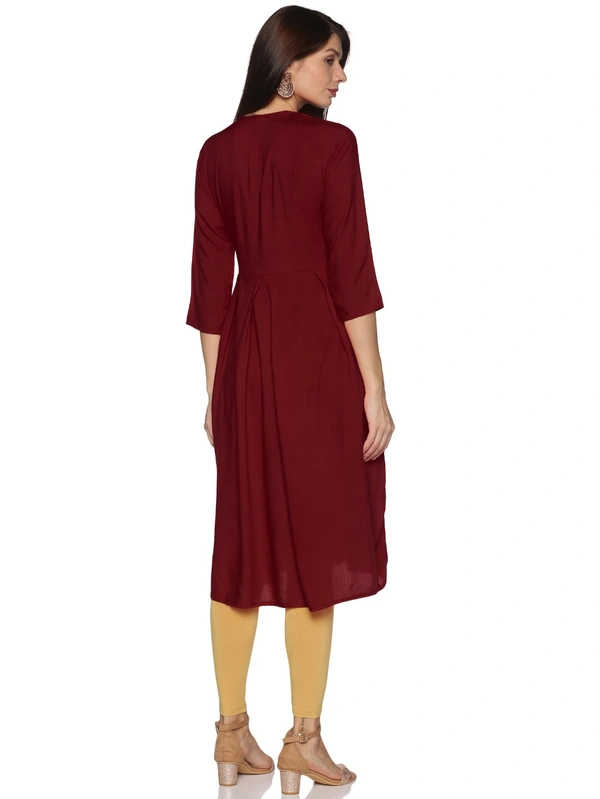 Rayon Neck Flower Design Rhinestone Work Meroon Colour Umbrella Cut Kurti - Maroon, XXL
