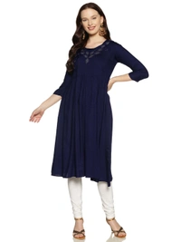 Rayon Neck Leafe Design Rhinestone Work Blue Colour Umbrella Cut Kurti - Gulf Blue, S