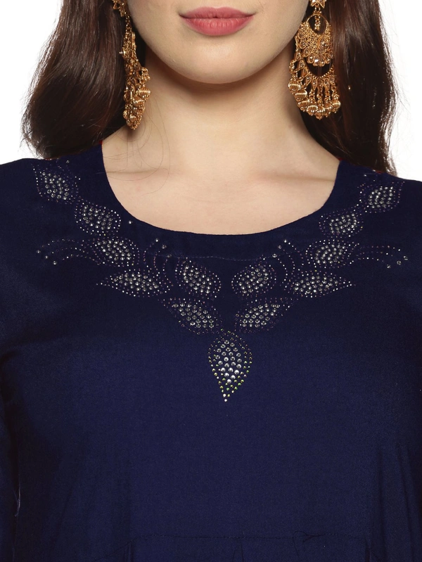 Rayon Neck Leafe Design Rhinestone Work Blue Colour Umbrella Cut Kurti - Gulf Blue, S
