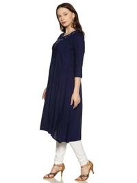 Rayon Neck Leafe Design Rhinestone Work Blue Colour Umbrella Cut Kurti - Gulf Blue, XXL