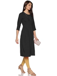 Rayon Neck Leafe Design Rhinestone Work Black Colour Umbrella Cut Kurti - Black, M
