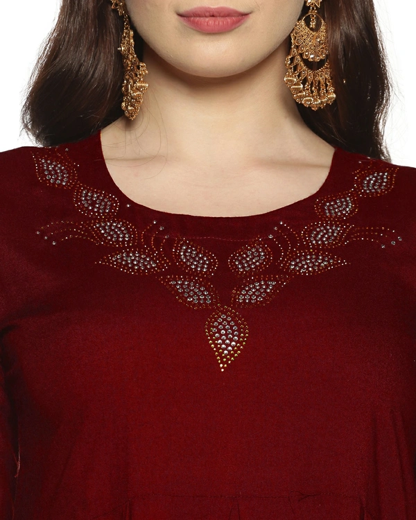 Rayon Neck Leafe Design Rhinestone Work Maroon Colour Umbrella Cut Kurti - Maroon, M