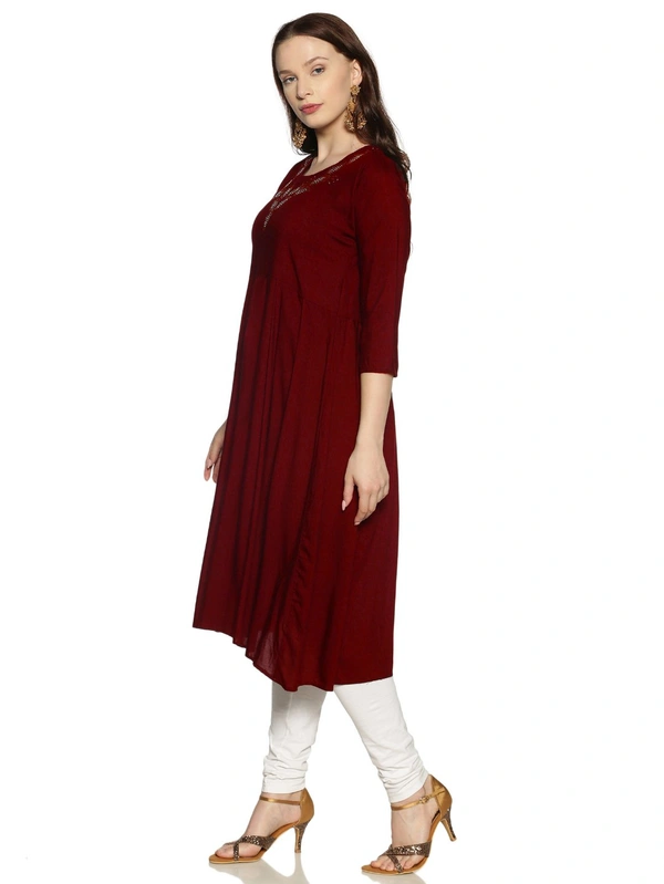 Rayon Neck Leafe Design Rhinestone Work Maroon Colour Umbrella Cut Kurti - Maroon, L
