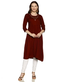 Rayon Neck Leafe Design Rhinestone Work Maroon Colour Umbrella Cut Kurti - Maroon, XXL