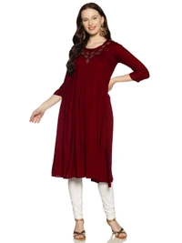 Rayon Neck Leafe Design Rhinestone Work Maroon Colour Umbrella Cut Kurti - Maroon, XXL