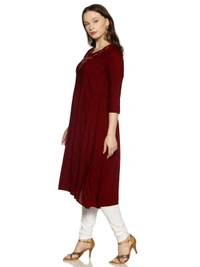 Rayon Neck Leafe Design Rhinestone Work Maroon Colour Umbrella Cut Kurti - Maroon, XXL