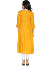 Rayon Neck Leafe Design Rhinestone Work Yellow Colour Umbrella Cut Kurti - Sunglow, S