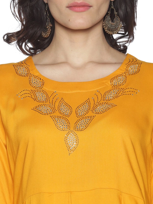 Rayon Neck Leafe Design Rhinestone Work Yellow Colour Umbrella Cut Kurti - Sunglow, M