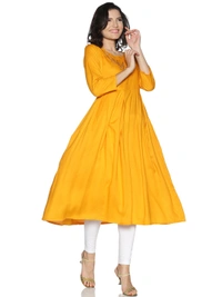 Rayon Neck Leafe Design Rhinestone Work Yellow Colour Umbrella Cut Kurti - Sunglow, M