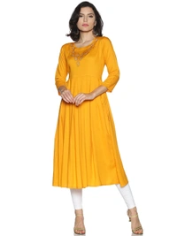 Rayon Neck Leafe Design Rhinestone Work Yellow Colour Umbrella Cut Kurti - Sunglow, M