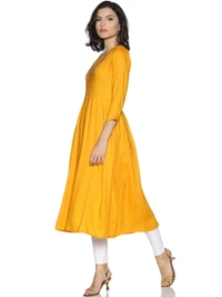 Rayon Neck Leafe Design Rhinestone Work Yellow Colour Umbrella Cut Kurti - Sunglow, M