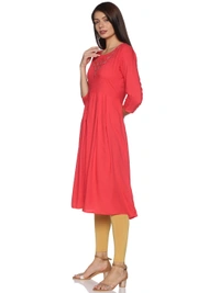 Rayon Neck Leafe Design Rhinestone Work Pink Colour Umbrella Cut Kurti - Wild Watermelon, L