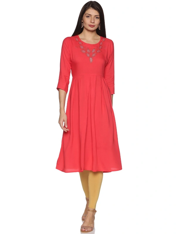 Rayon Neck Leafe Design Rhinestone Work Pink Colour Umbrella Cut Kurti - Wild Watermelon, XXL