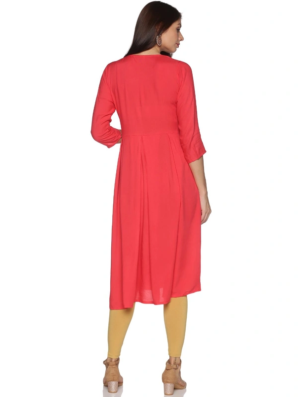 Rayon Neck Leafe Design Rhinestone Work Pink Colour Umbrella Cut Kurti - Wild Watermelon, XXL