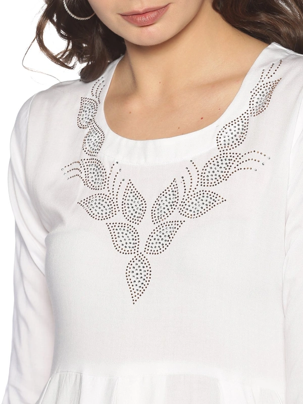 Rayon Neck Leafe Design Rhinestone Work White Colour Umbrella Cut Kurti - White, S