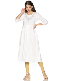 Rayon Neck Leafe Design Rhinestone Work White Colour Umbrella Cut Kurti - White, S