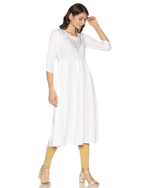 Rayon Neck Leafe Design Rhinestone Work White Colour Umbrella Cut Kurti - White, S
