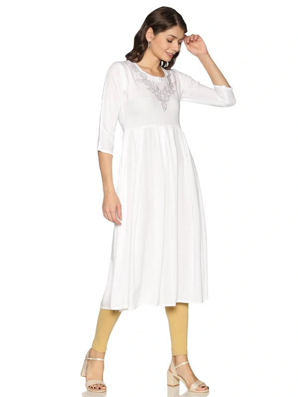 Rayon Neck Leafe Design Rhinestone Work White Colour Umbrella Cut Kurti - White, S