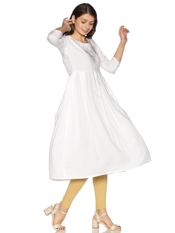 Rayon Neck Leafe Design Rhinestone Work White Colour Umbrella Cut Kurti - White, S