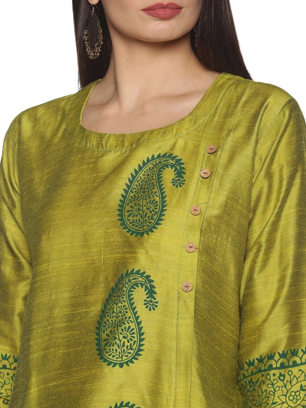 Silky Cotton Mango Printed Olive Colour Kurti - Olive, M