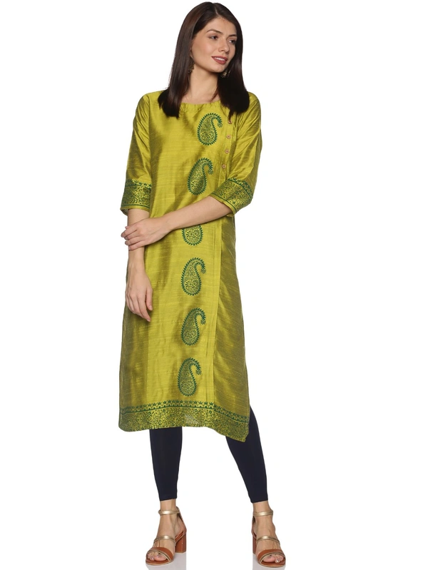 Silky Cotton Mango Printed Olive Colour Kurti - Olive, M