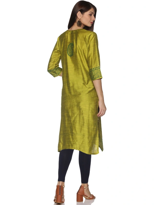 Silky Cotton Mango Printed Olive Colour Kurti - Olive, M