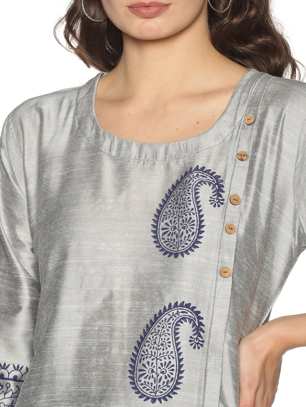 Silky Cotton Mango Printed Grey Colour Kurti - Gray, L