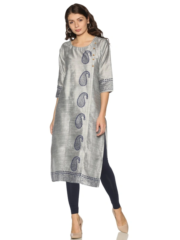 Silky Cotton Mango Printed Grey Colour Kurti - Gray, L