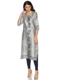Silky Cotton Mango Printed Grey Colour Kurti - Gray, L