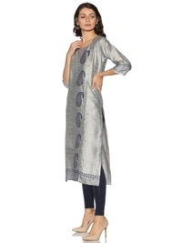 Silky Cotton Mango Printed Grey Colour Kurti - Gray, L