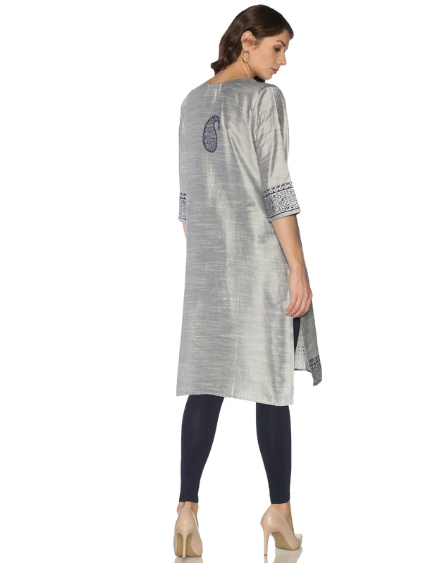 Silky Cotton Mango Printed Grey Colour Kurti - Gray, L