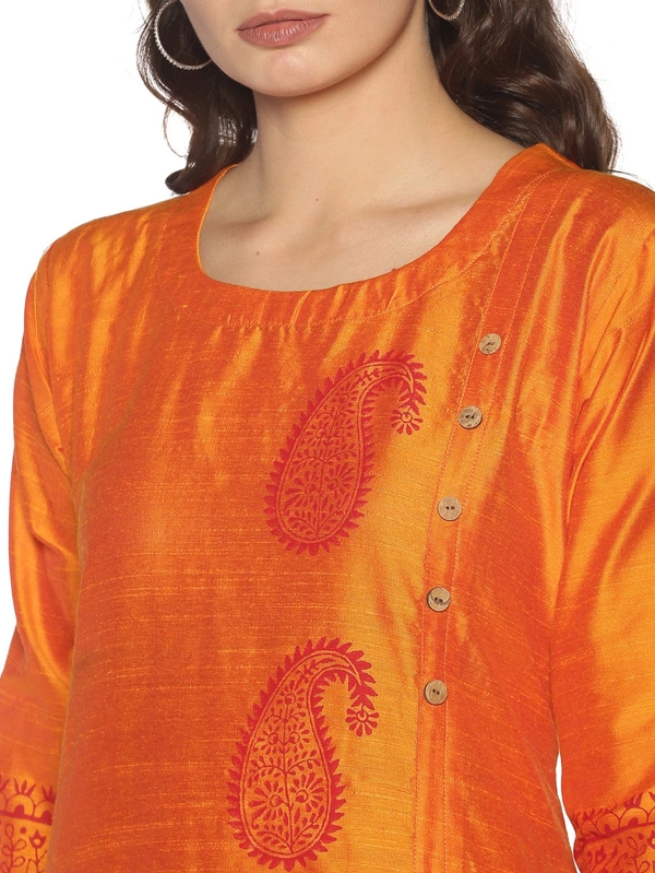 Silky Cotton Mango Printed Orange Colour Kurti - Yellow Orange, L