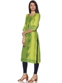 Silky Cotton Peacock Printed Olive Colour Kurti - S, Lima