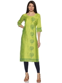 Silky Cotton Peacock Printed Olive Colour Kurti - Quarter Pearl Lusta, XL