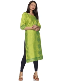 Silky Cotton Peacock Printed Olive Colour Kurti - Quarter Pearl Lusta, XL