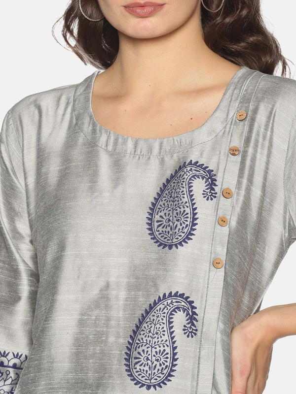 Silky Cotton Peacock Printed Grey Colour Kurti - S, Bombay