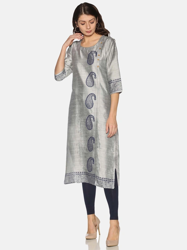 Silky Cotton Peacock Printed Grey Colour Kurti - S, Bombay